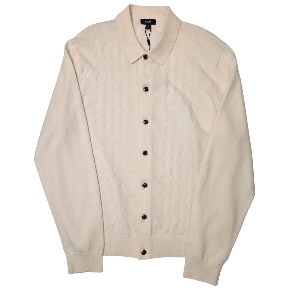 NWT Men's XXL Reiss Ivory V-Stitch Button-Up Long Sleeve Merino Wool Cardigan